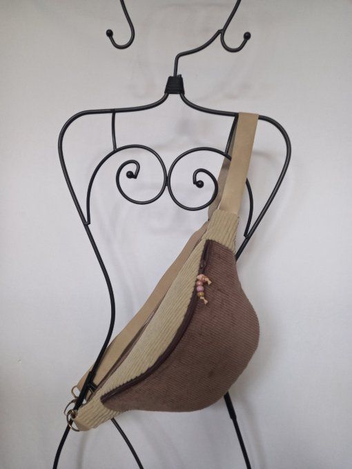 SAC BANANE VELOURS CÔTELE MARRON ET BEIGE