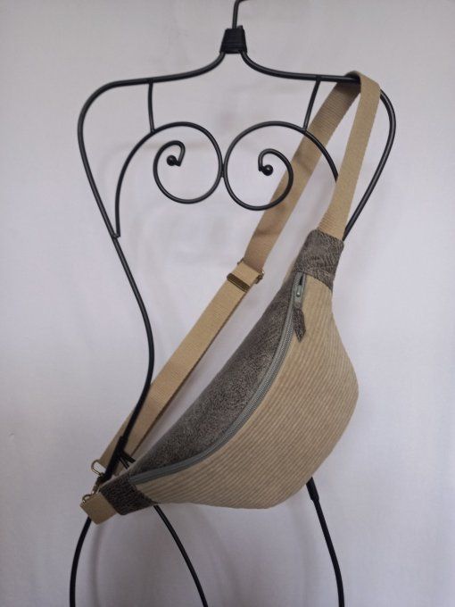 SAC BANANE VELOURS CÔTTELE BEIGE ET SIMILI GRIS CRAQUELE