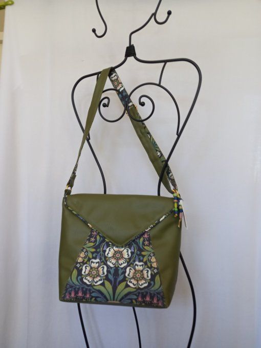 SAC BANDOULIERE KAKI ET TISSU FLEURI FOND MARINE 