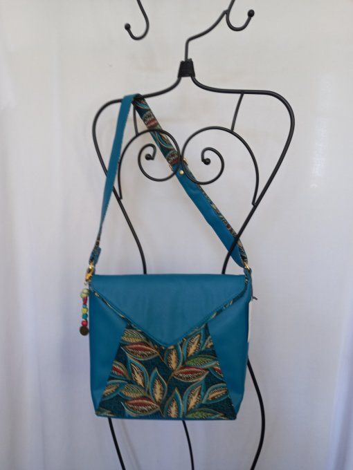 SAC BANDOULIERE SIMILI BLEU TURQUOISE ET TISSU FLEURRI ASSORTI