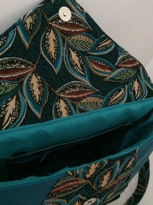 SAC BANDOULIERE SIMILI BLEU TURQUOISE ET TISSU FLEURRI ASSORTI